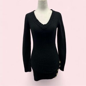 Say What? Black V-Neck Sweater with Gold Button Accents